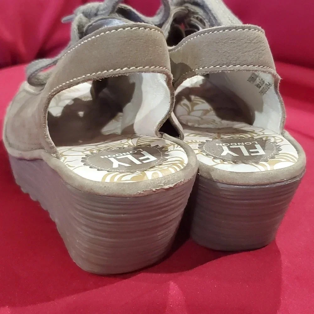 Fly London taupe leather lace up wedge peep toe shoes